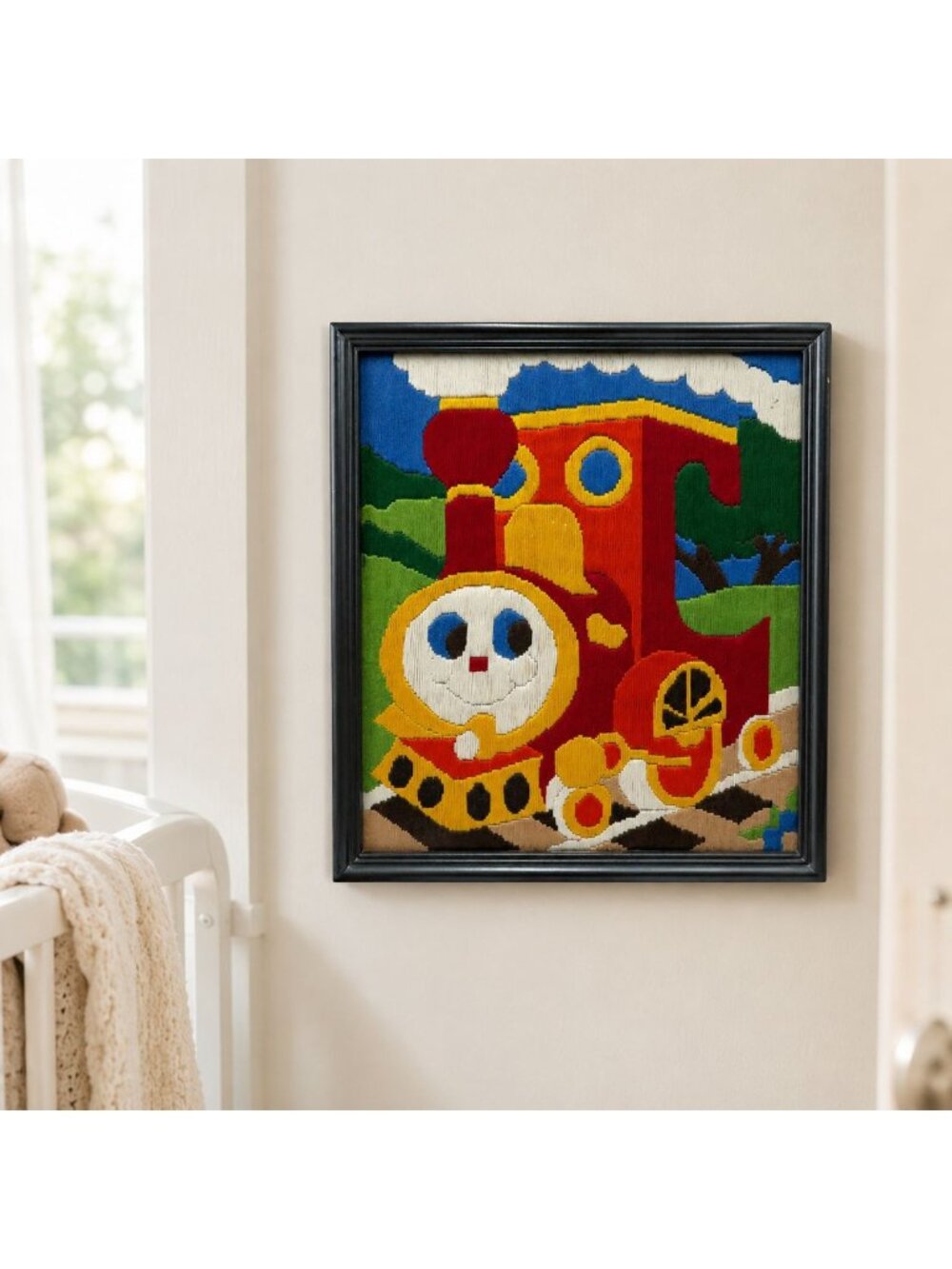 Train Needlepoint Artwork in Black Wood Frame 10.7 x 9.5" Vintage